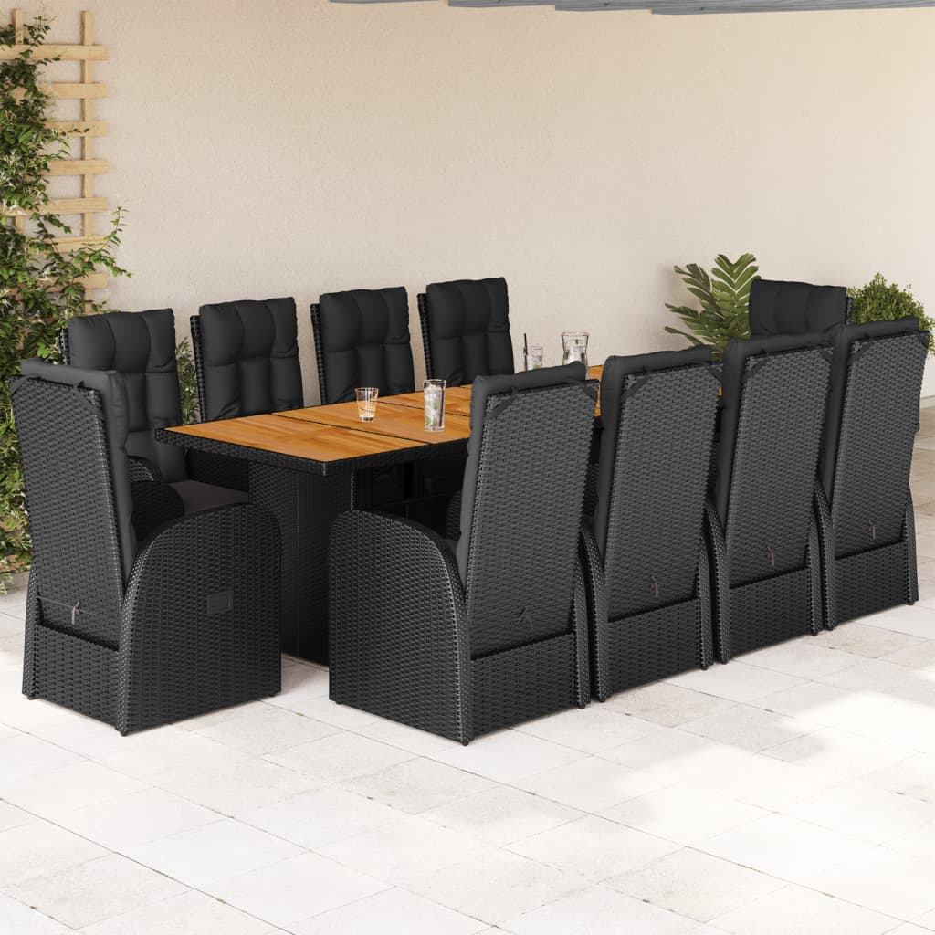 vidaXL 11-tlg. Garten-Essgruppe mit Kissen Schwarz Poly Rattan