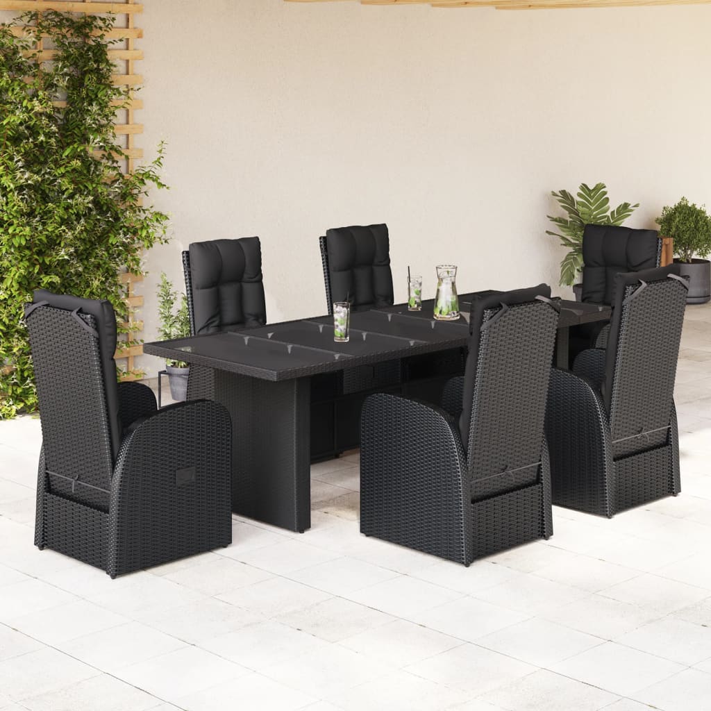 vidaXL 7-tlg. Garten-Essgruppe mit Kissen Schwarz Poly Rattan