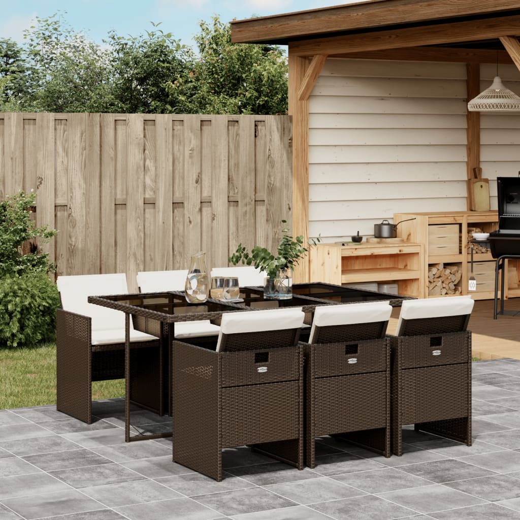 vidaXL 7-tlg. Garten-Essgruppe mit Kissen Braun Poly Rattan