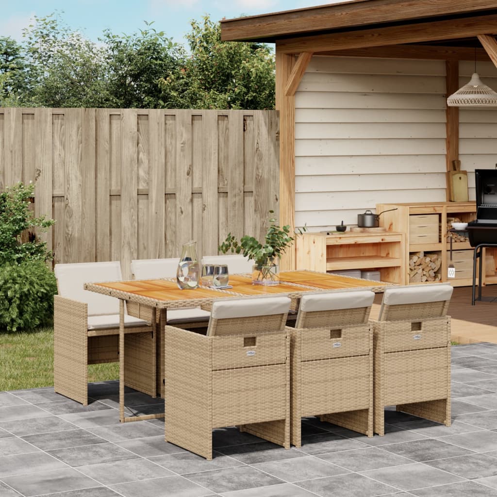 vidaXL 7-tlg. Garten-Essgruppe mit Kissen Beige Poly Rattan