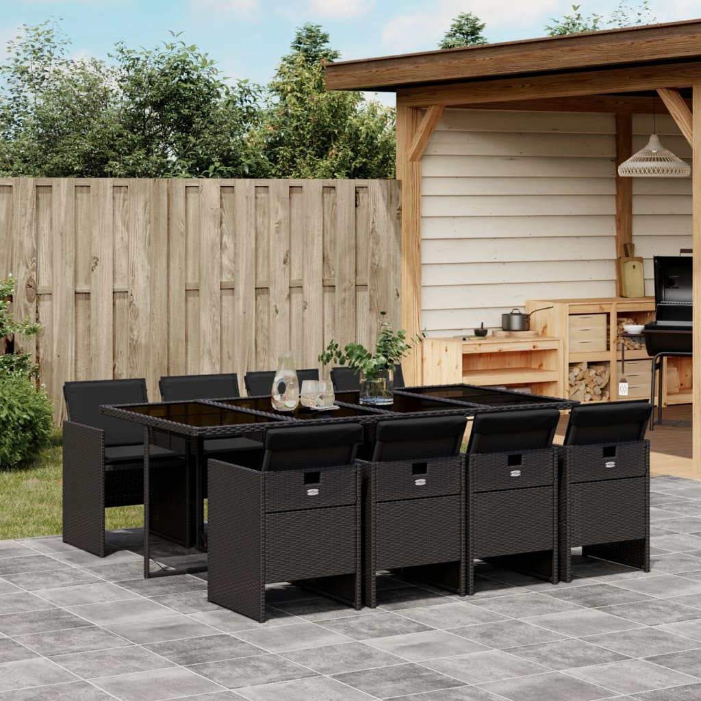 vidaXL 9-tlg. Garten-Essgruppe mit Kissen Schwarz Poly Rattan