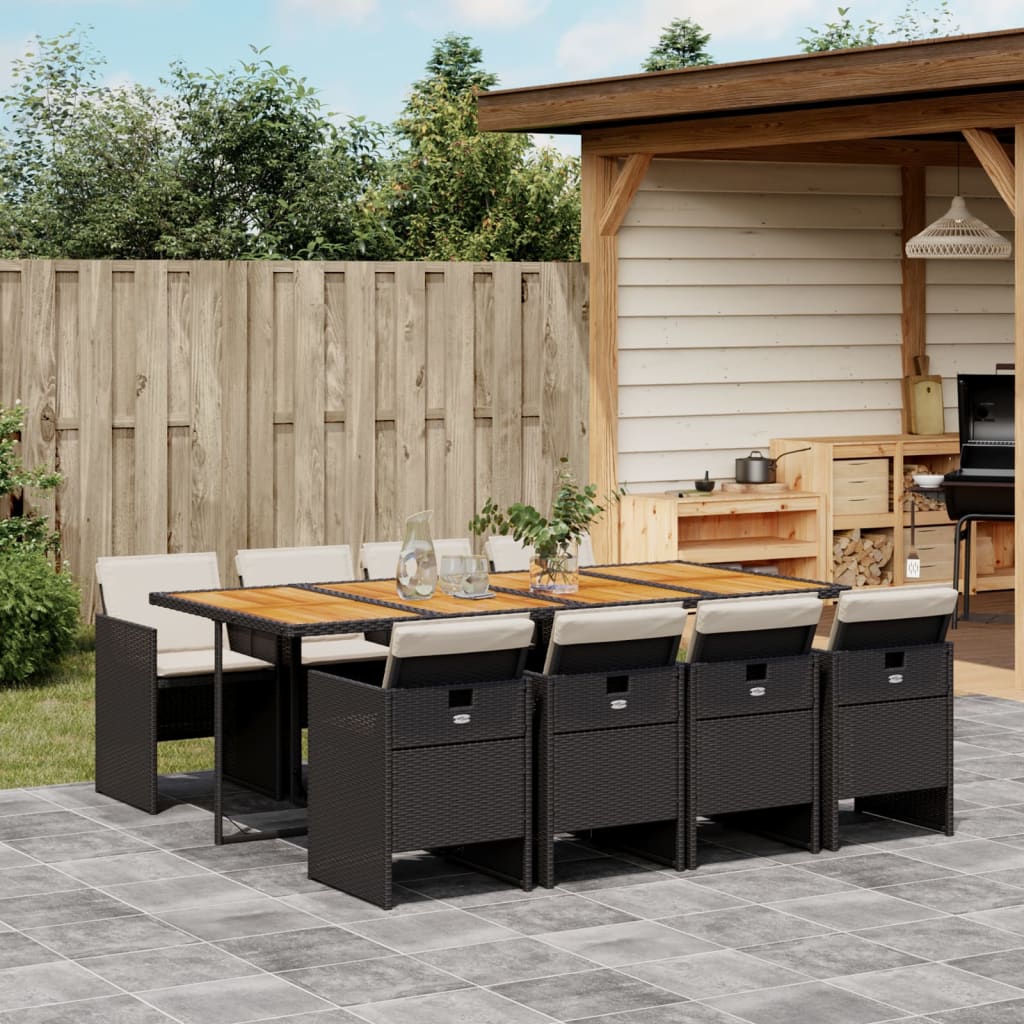 vidaXL 9-tlg. Garten-Essgruppe mit Kissen Schwarz Poly Rattan