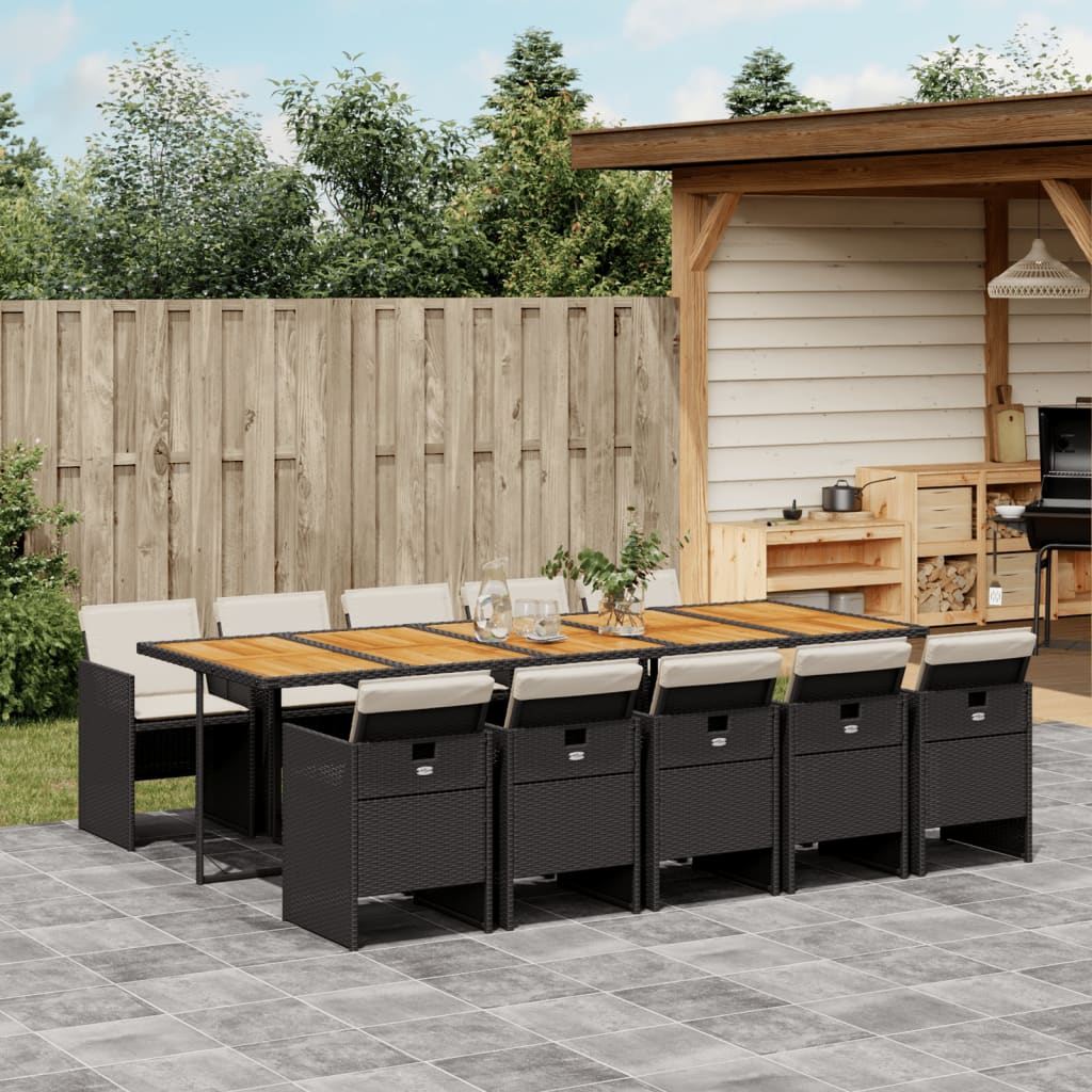 vidaXL 11-tlg. Garten-Essgruppe mit Kissen Schwarz Poly Rattan