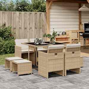 Vrtna jedilna garnitura 9-delna z blazinami bež poli ratan