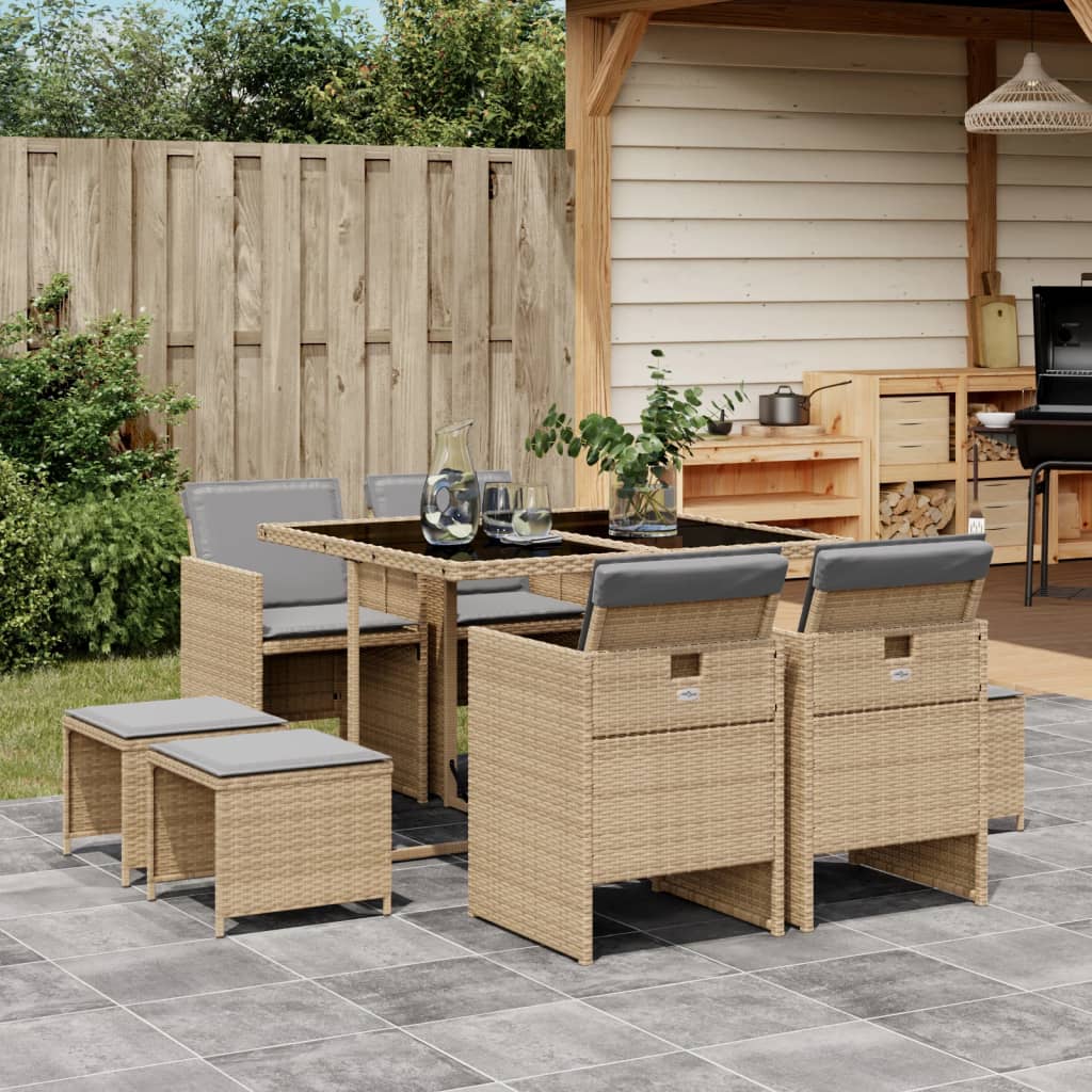 vidaXL 9-tlg. Garten-Essgruppe mit Kissen Beigemischung Poly Rattan