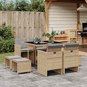 Vrtna jedilna garnitura 9-delna z blazinami bež poli ratan