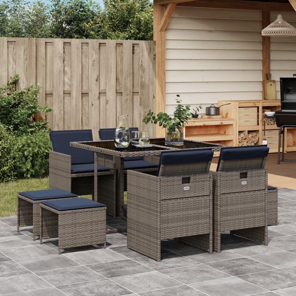 vidaXL 9-teiliges Garten-Ess-Set mit Kissen, grau, Polyrattan