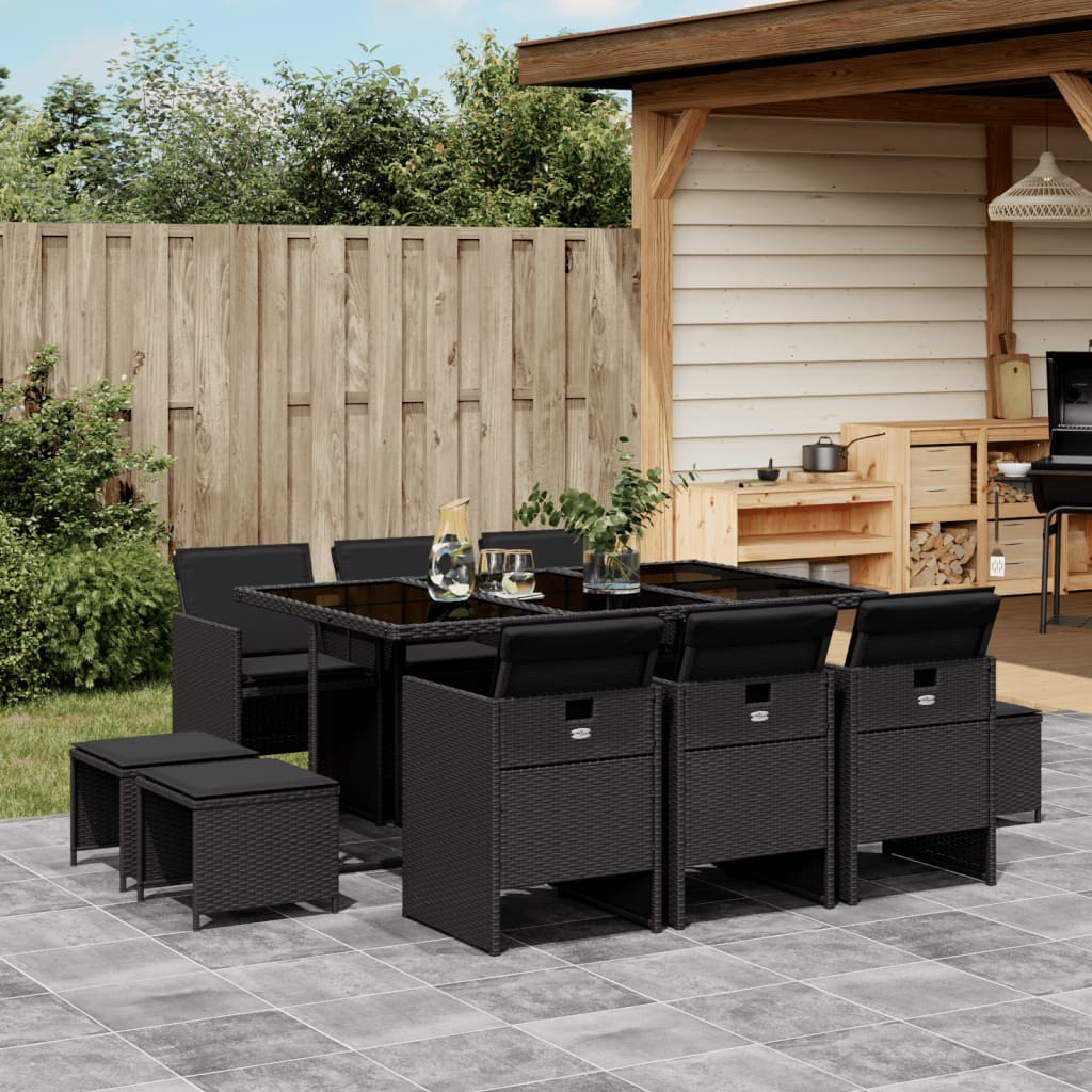 vidaXL Set mobilier de exterior cu perne, 11 piese, negru, poliratan