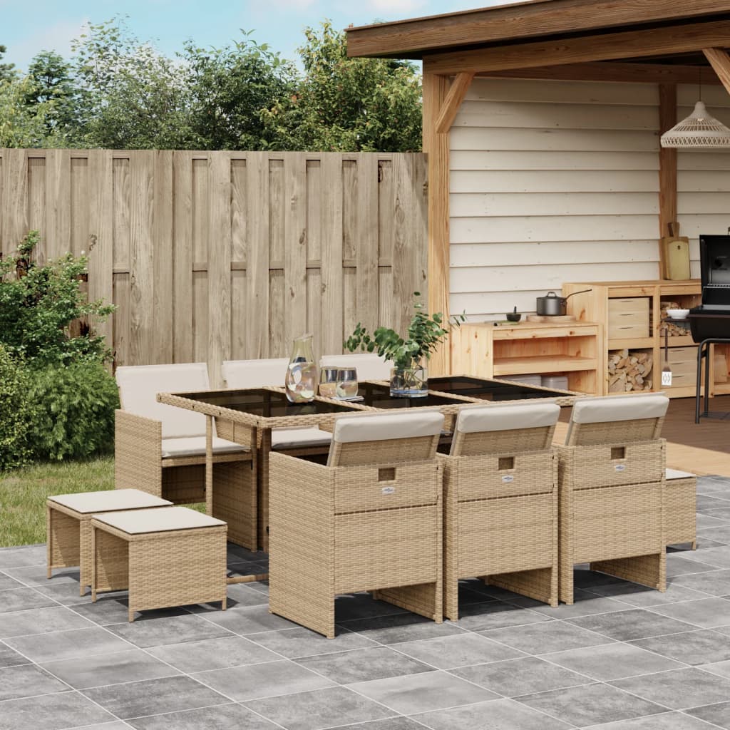 vidaXL 11-tlg. Garten-Essgruppe mit Kissen Beige Poly Rattan