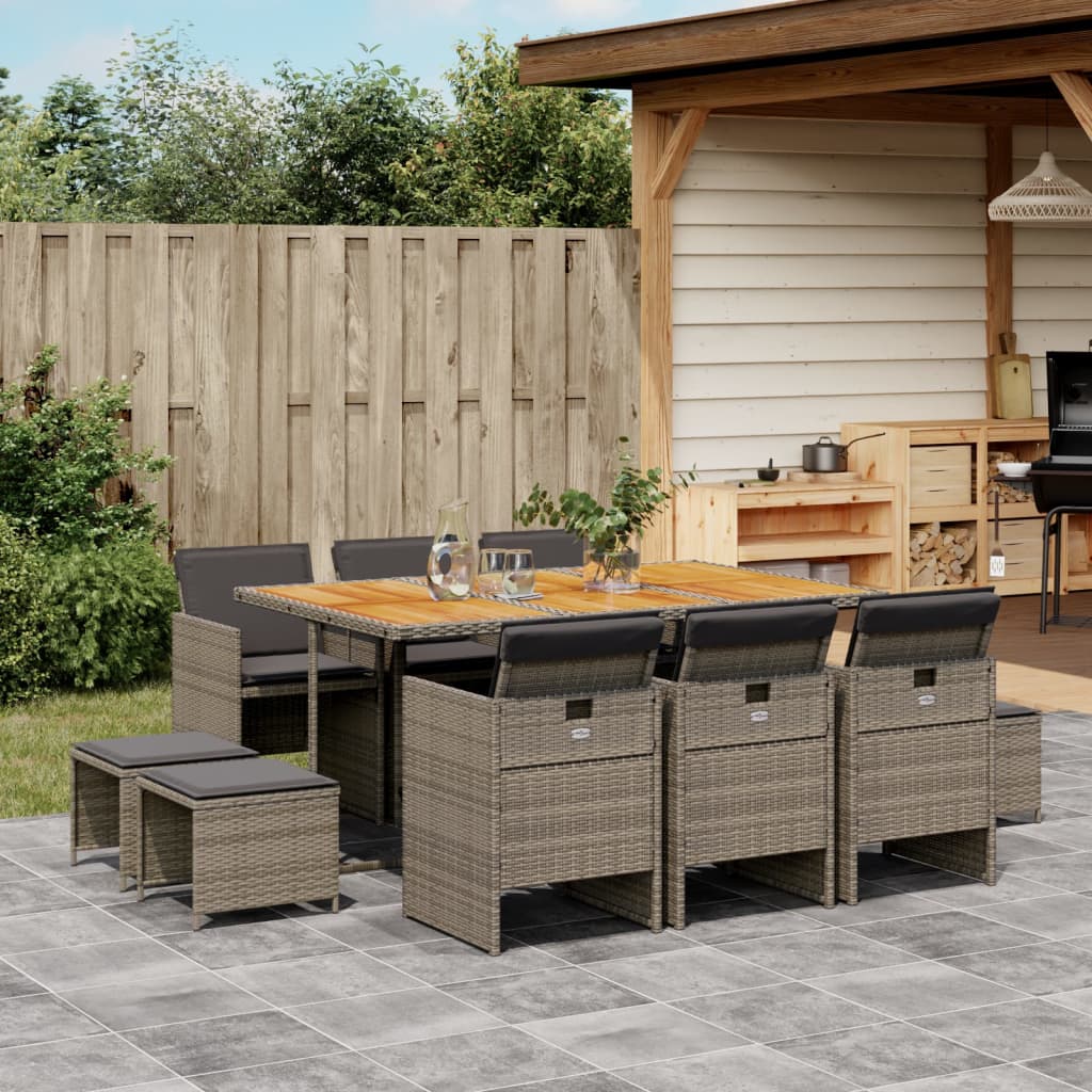 vidaXL 11-tlg. Garten-Essgruppe mit Kissen Grau Poly Rattan