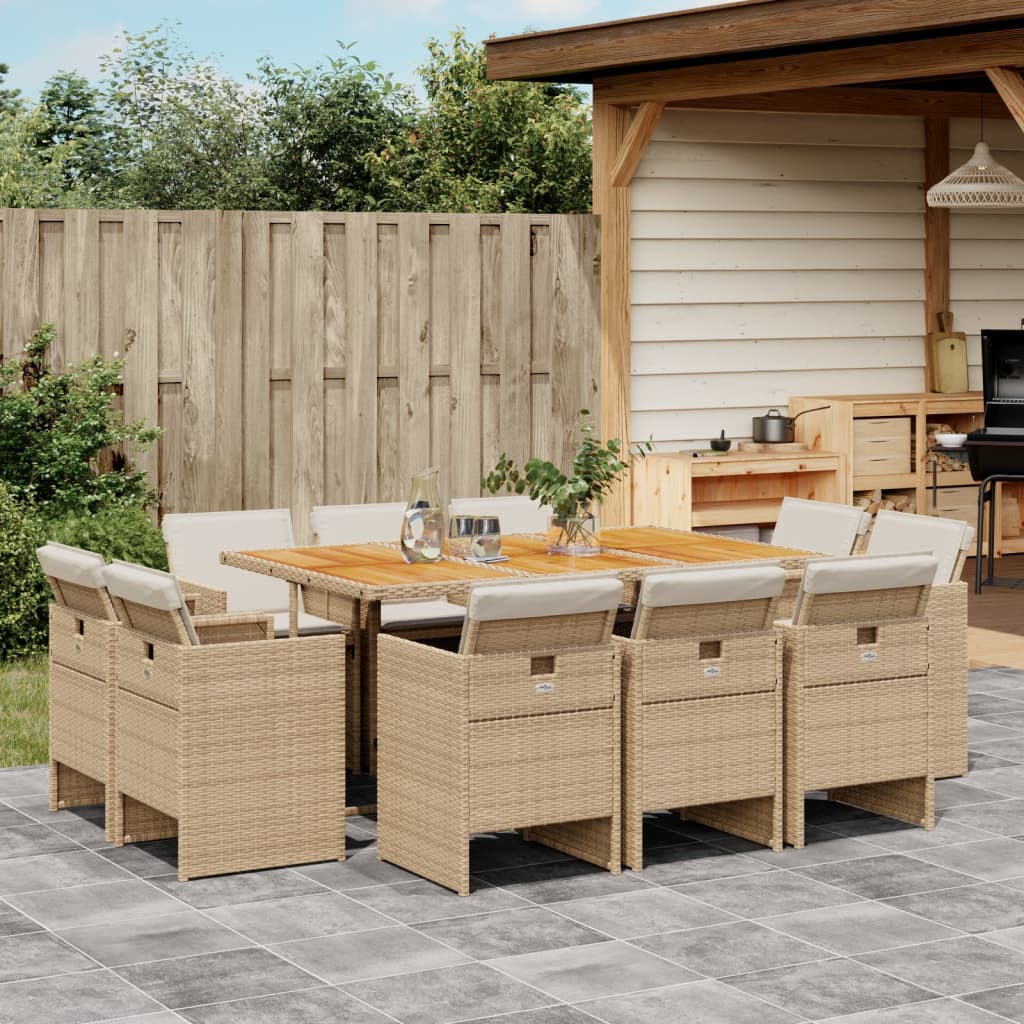 vidaXL 11-tlg. Garten-Essgruppe mit Kissen Beige Poly Rattan