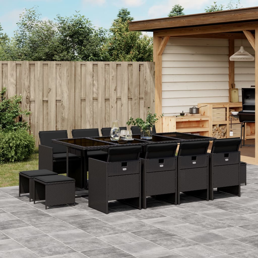 vidaXL 13-tlg. Garten-Essgruppe mit Kissen Schwarz Poly Rattan