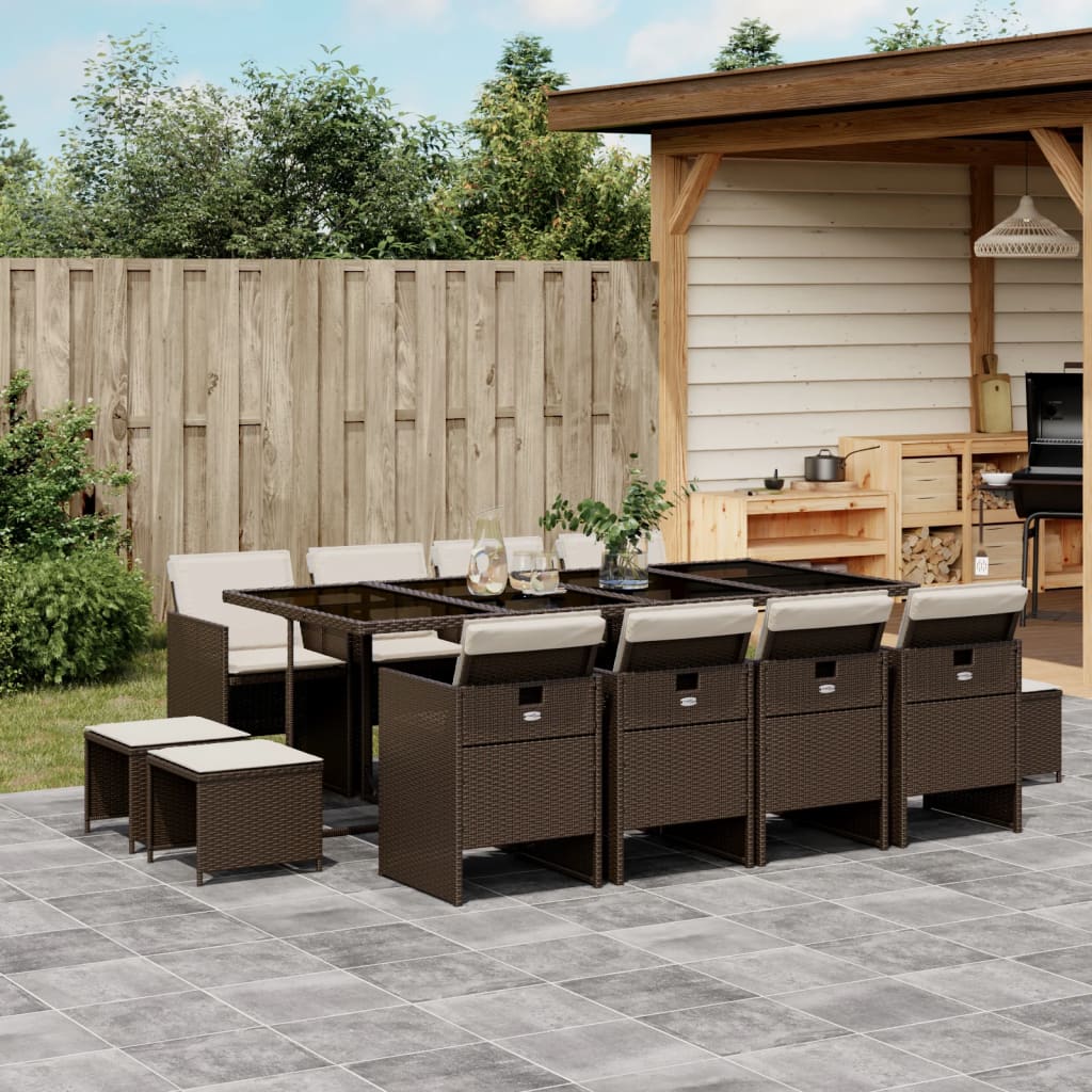 vidaXL 13-tlg. Garten-Essgruppe mit Kissen Braun Poly Rattan