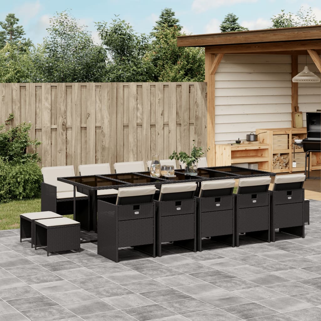 vidaXL 15-tlg. Garten-Essgruppe mit Kissen Schwarz Poly Rattan