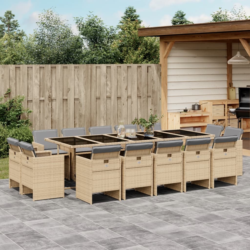 vidaXL 15-tlg. Garten-Essgruppe mit Kissen Beigemischung Poly Rattan