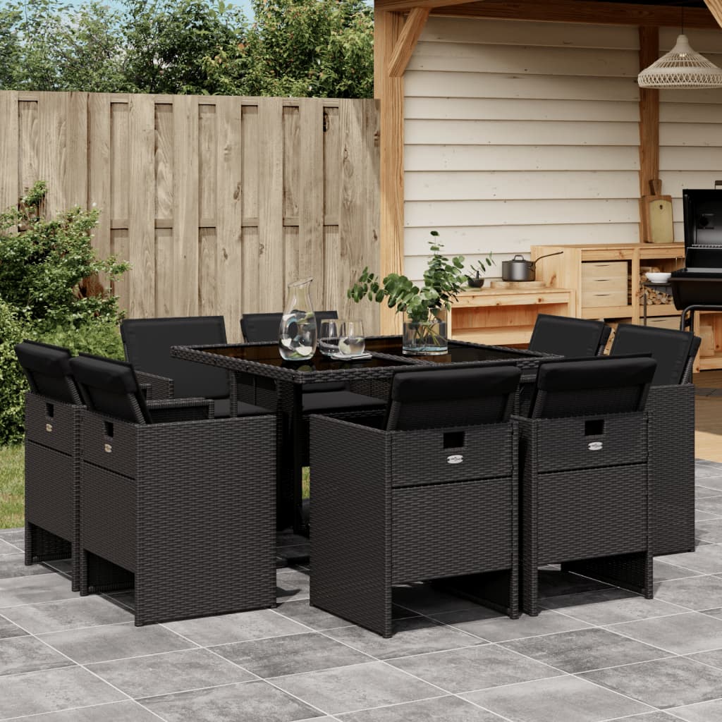 vidaXL 9-tlg. Garten-Essgruppe mit Kissen Schwarz Poly Rattan