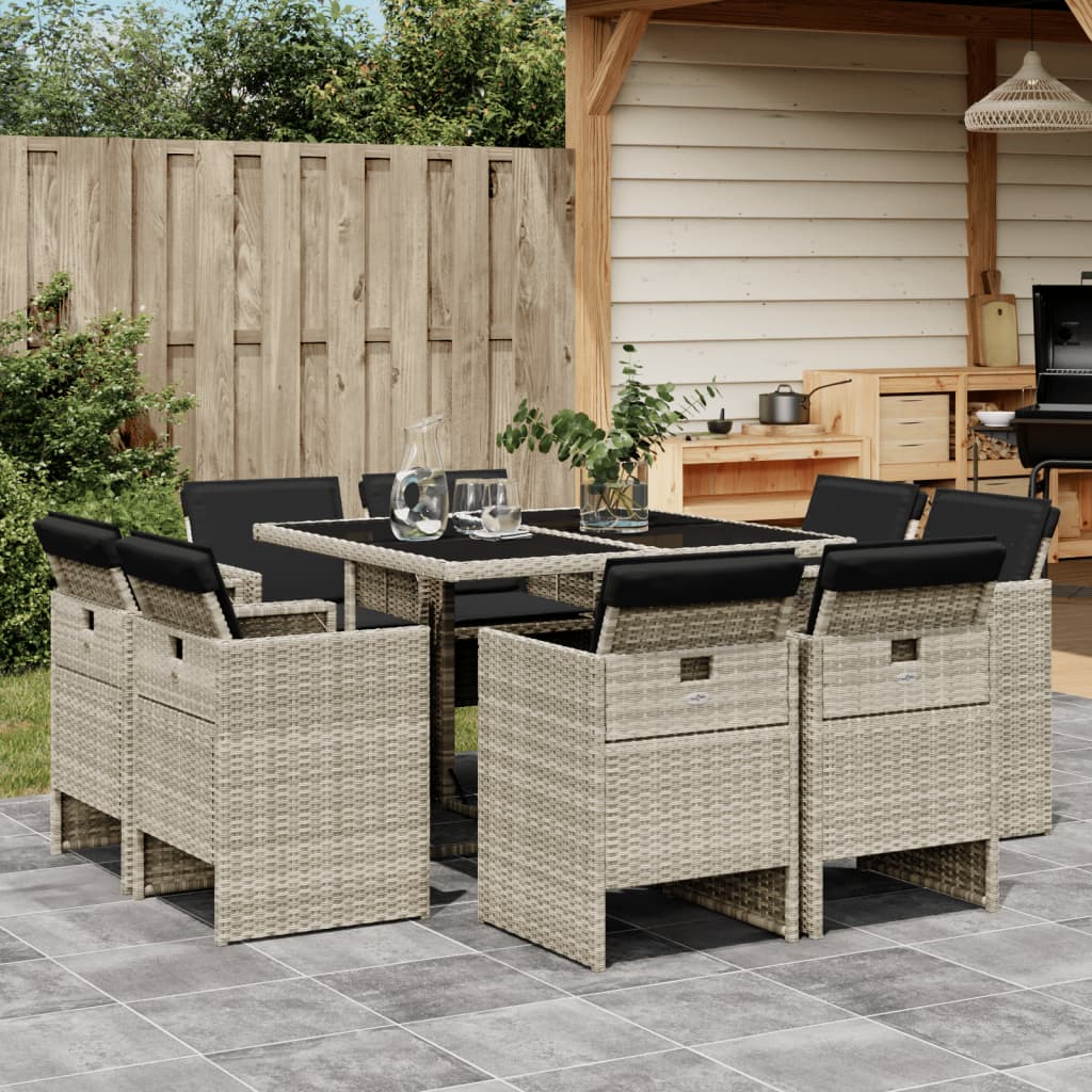 vidaXL 9-tlg. Garten-Essgruppe mit Kissen Hellgrau Poly Rattan