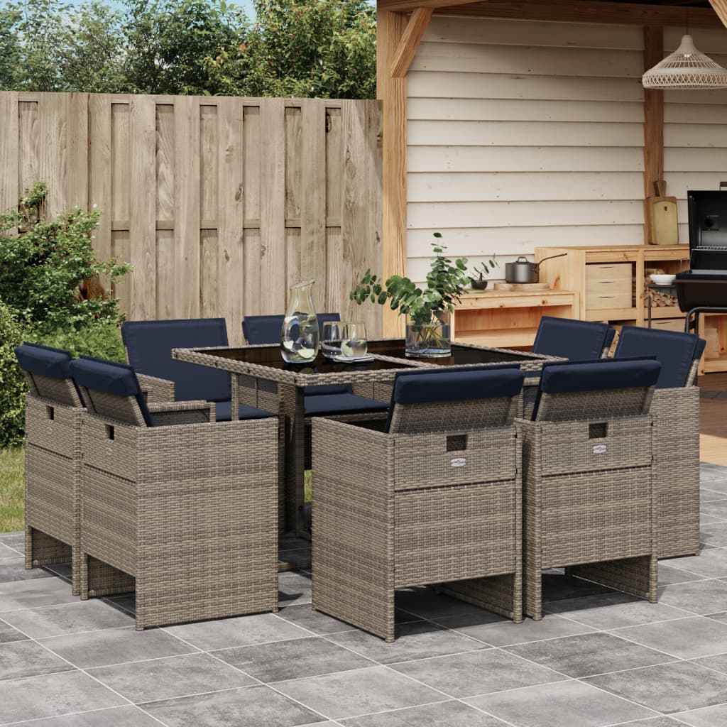 vidaXL 9-teiliges Garten-Ess-Set mit Kissen, grau, Polyrattan
