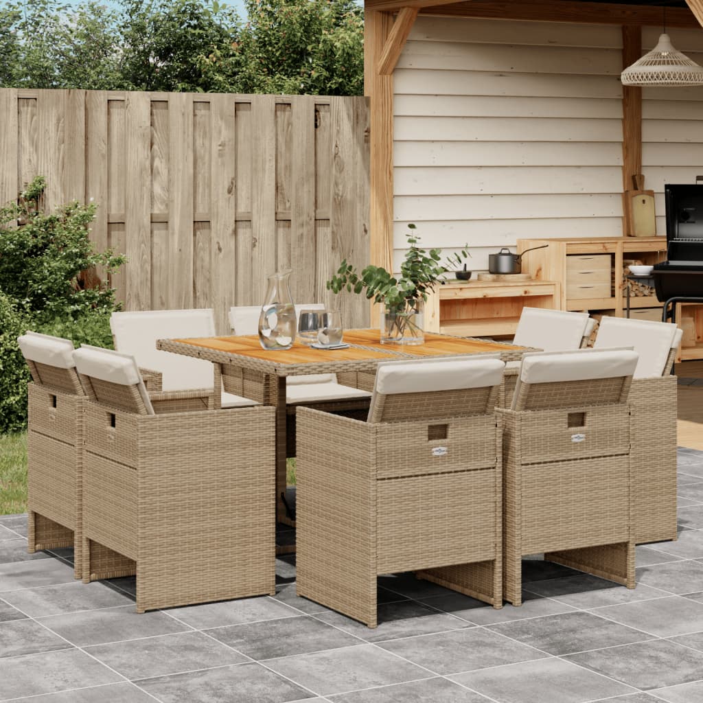 vidaXL 9-tlg. Garten-Essgruppe mit Kissen Beige Poly Rattan