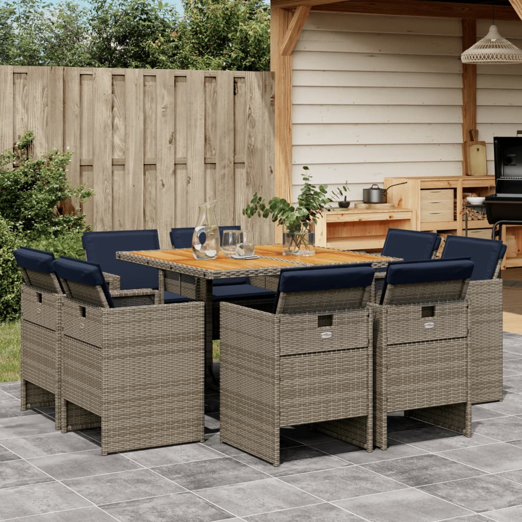vidaXL 9-teiliges Garten-Ess-Set mit Kissen, grau, Polyrattan