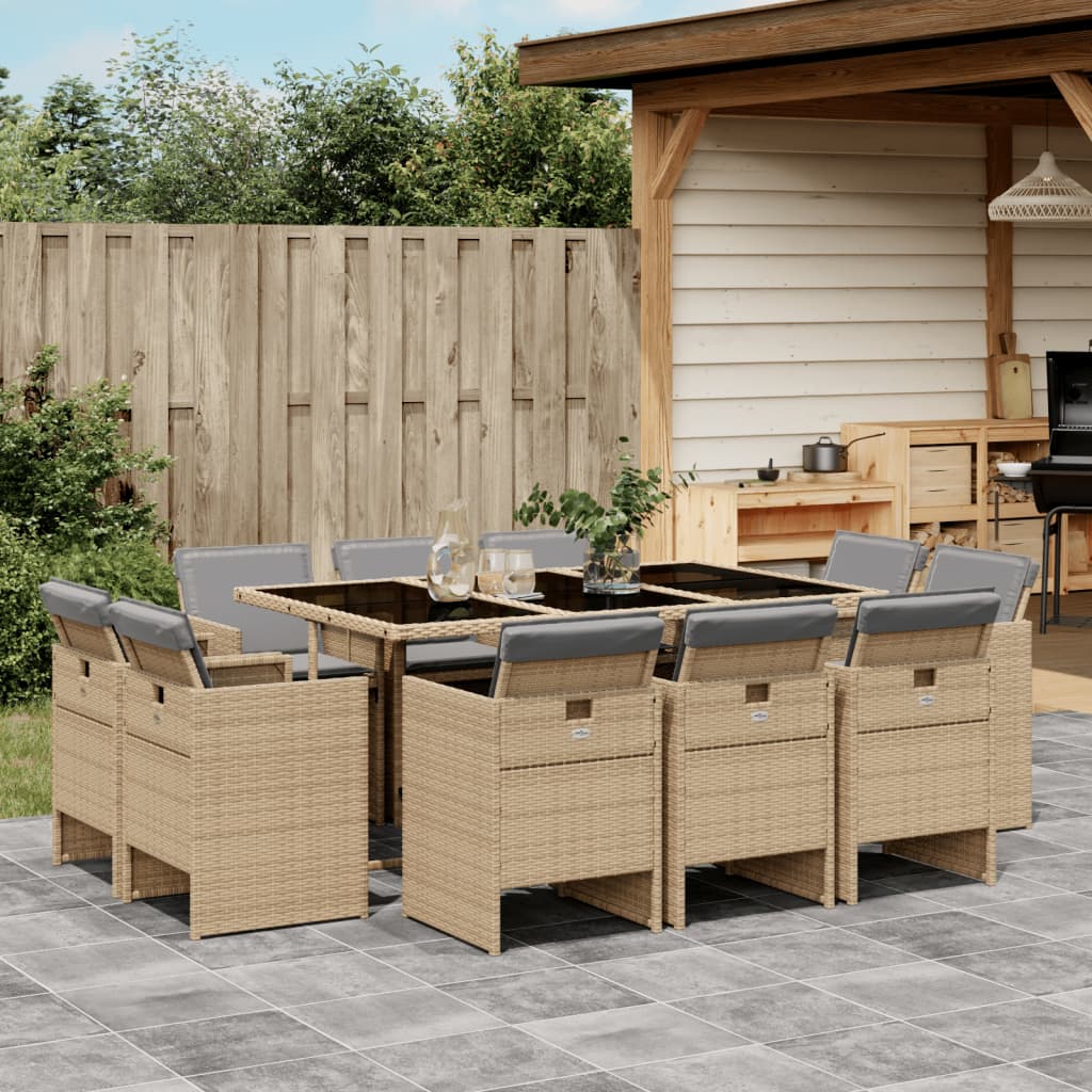 vidaXL 11-tlg. Garten-Essgruppe mit Kissen Beigemischung Poly Rattan