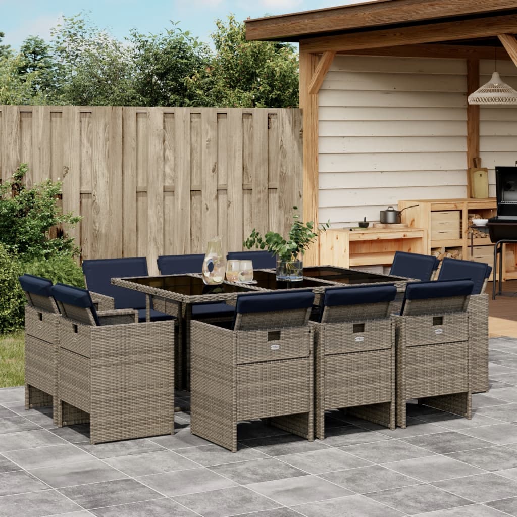 Vidaxl 11 Piece Patio Dining Set With Cushions Gray Poly Rattan