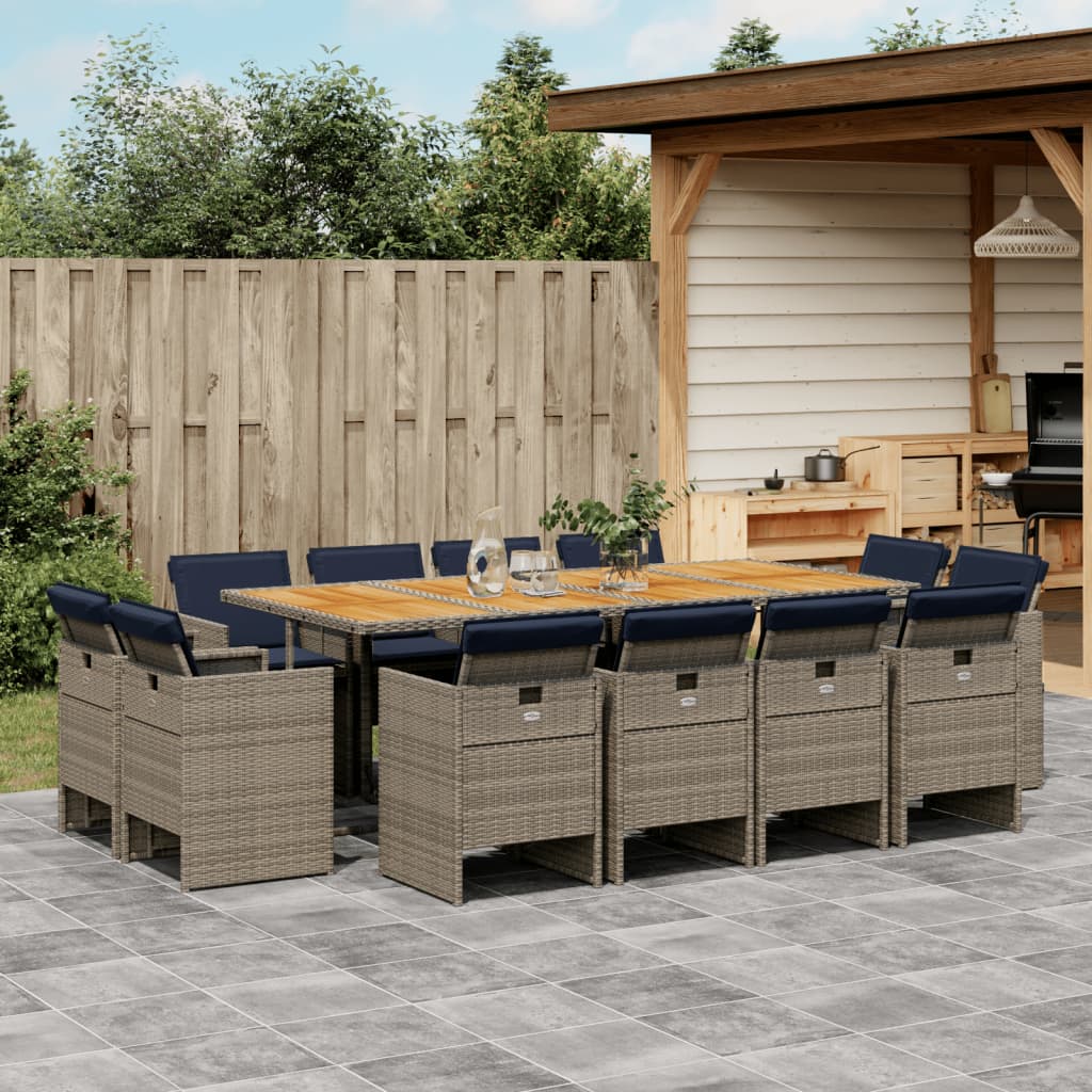 vidaXL 13-teiliges Garten-Ess-Set mit Kissen, grau, Polyrattan