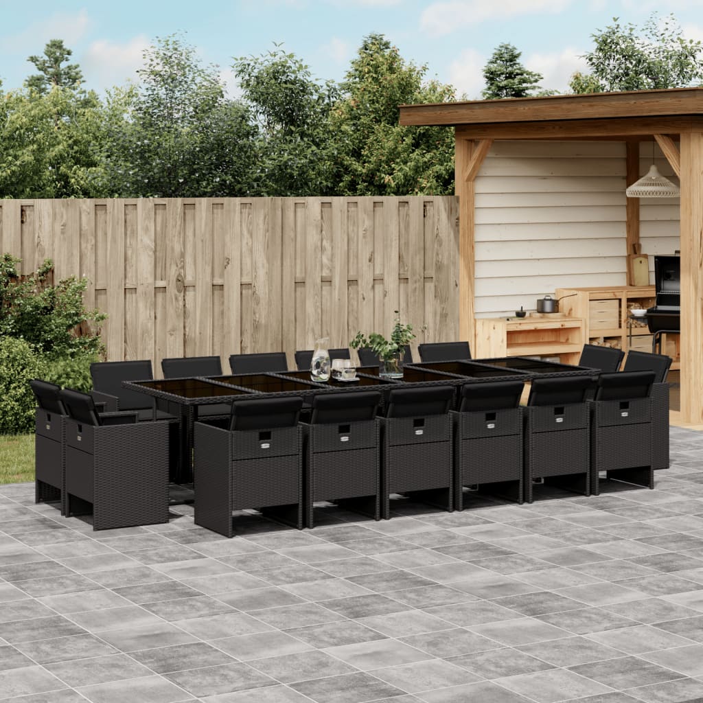 vidaXL 17-tlg. Garten-Essgruppe mit Kissen Schwarz Poly Rattan