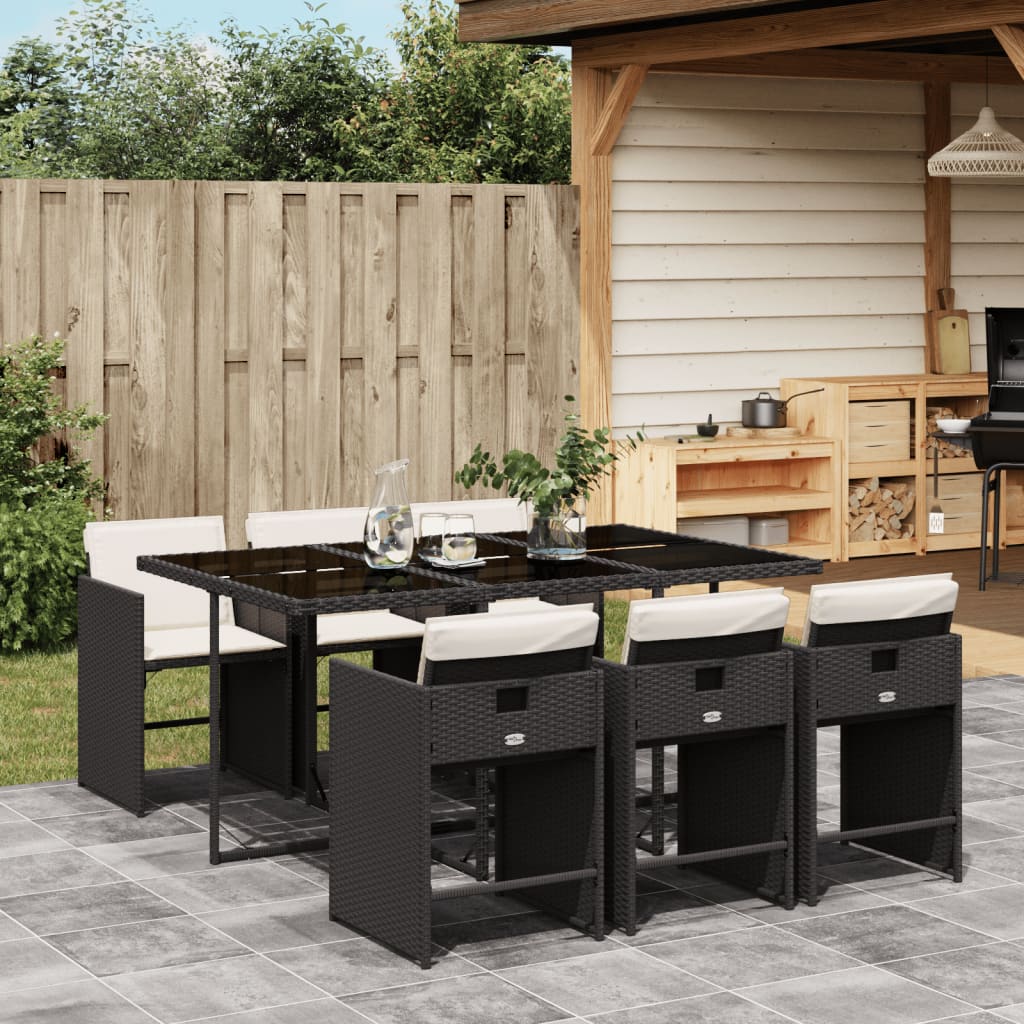 vidaXL 7-tlg. Garten-Essgruppe mit Kissen Schwarz Poly Rattan