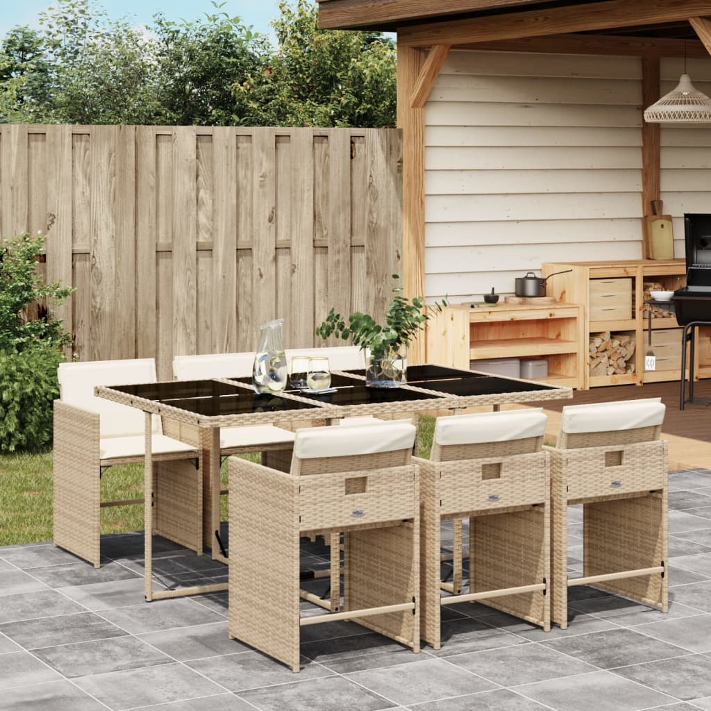 vidaXL 7-tlg. Garten-Essgruppe mit Kissen Beige Poly Rattan