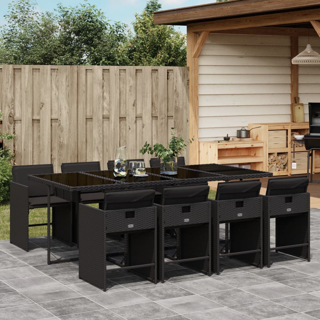 vidaXL 9-tlg. Garten-Essgruppe mit Kissen Schwarz Poly Rattan