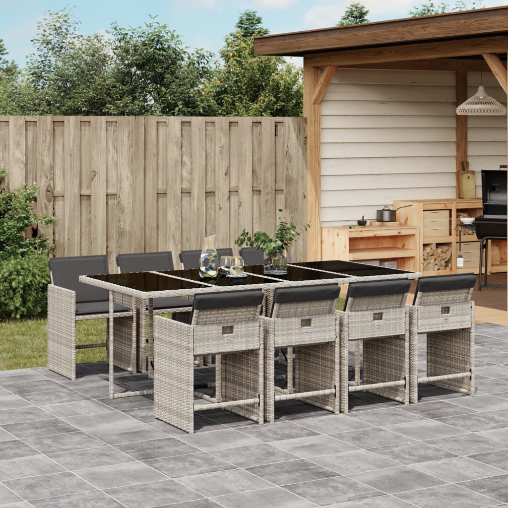 vidaXL 9-tlg. Garten-Essgruppe mit Kissen Hellgrau Poly Rattan