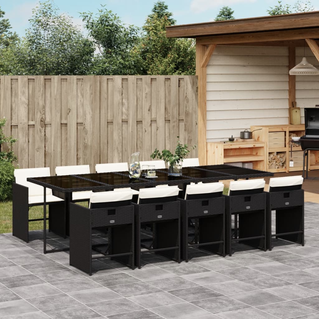 vidaXL 11-tlg. Garten-Essgruppe mit Kissen Schwarz Poly Rattan