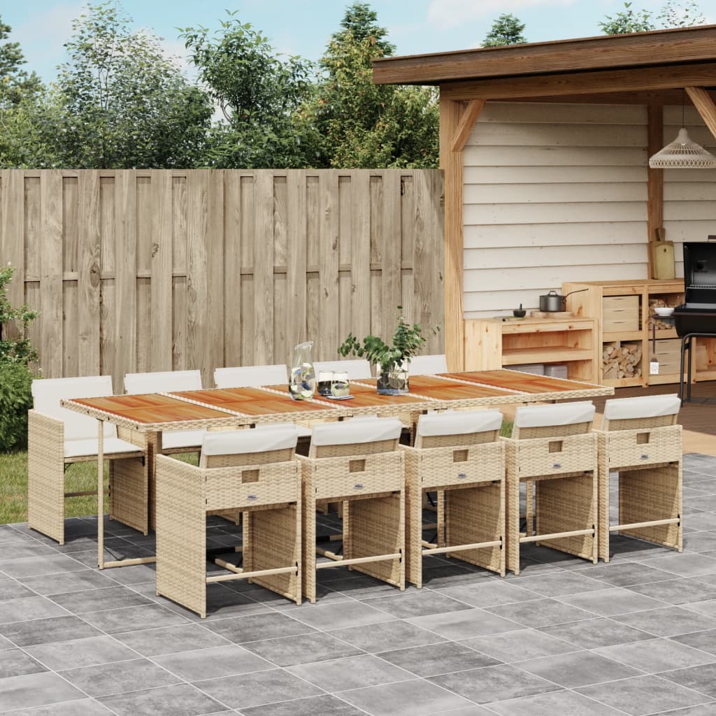 vidaXL 11-tlg. Garten-Essgruppe mit Kissen Beige Poly Rattan