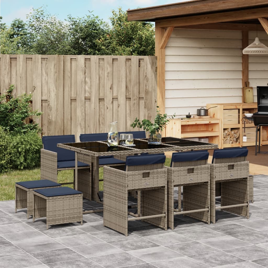 vidaXL 11-teiliges Garten-Ess-Set mit Kissen, grau, Polyrattan