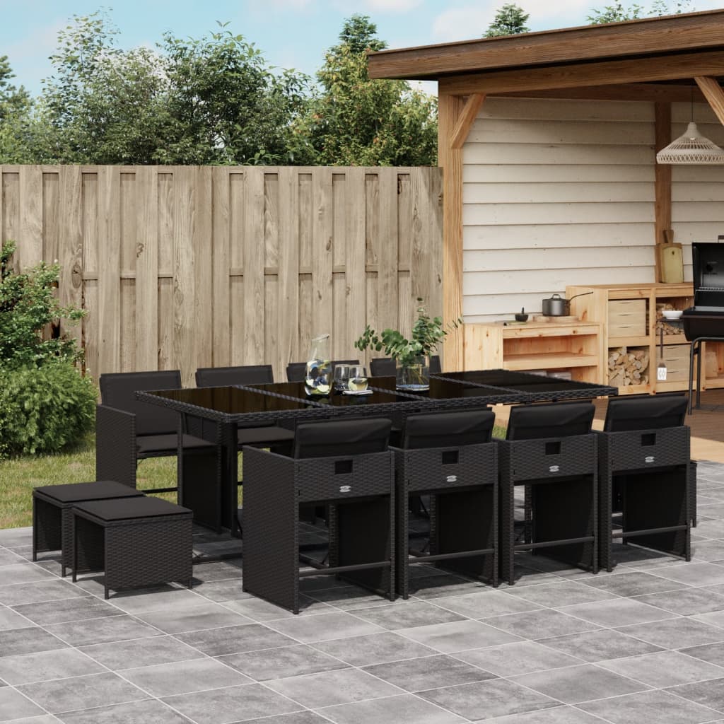 vidaXL 13-tlg. Garten-Essgruppe mit Kissen Schwarz Poly Rattan