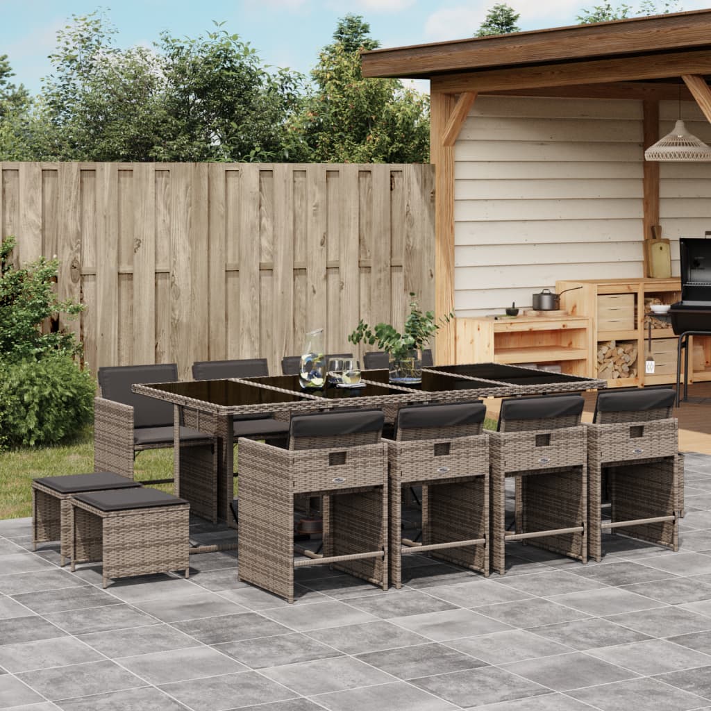 vidaXL 13-tlg. Garten-Essgruppe mit Kissen Grau Poly Rattan