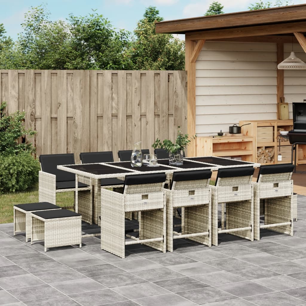 vidaXL 13-tlg. Garten-Essgruppe mit Kissen Hellgrau Poly Rattan