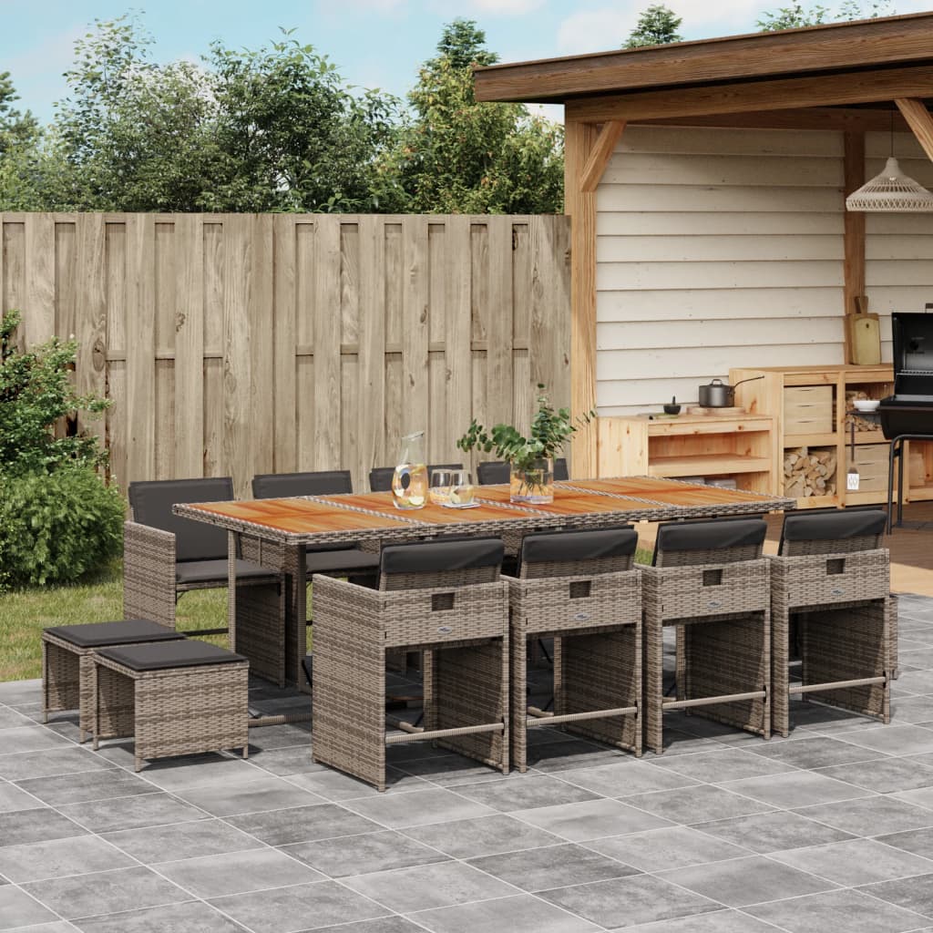 vidaXL 13-tlg. Garten-Essgruppe mit Kissen Grau Poly Rattan