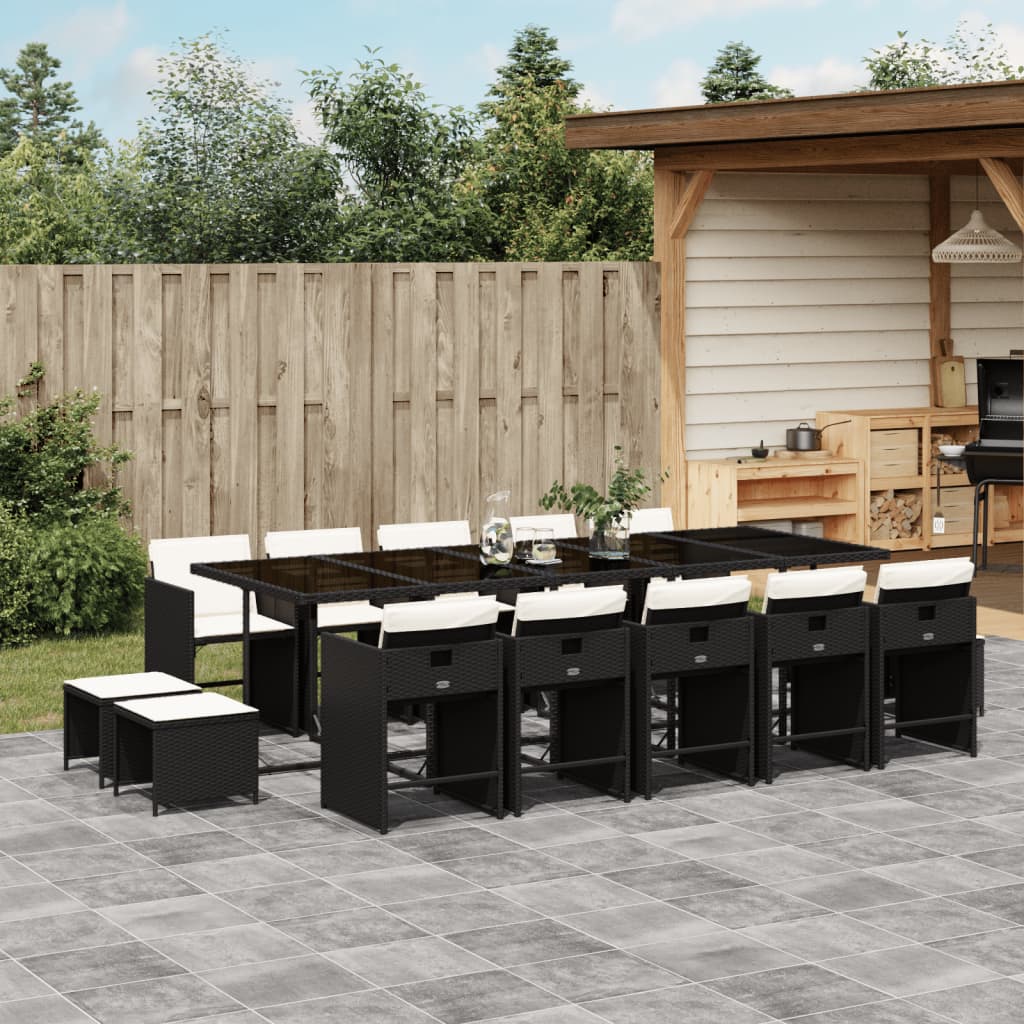 vidaXL 15-tlg. Garten-Essgruppe mit Kissen Schwarz Poly Rattan