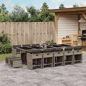 Vrtna jedilna garnitura 15-delna z blazinami siv poli ratan