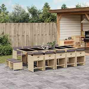 Vrtna jedilna garnitura 15-delna z blazinami bež poli ratan