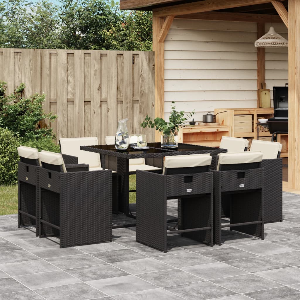 vidaXL 9-tlg. Garten-Essgruppe mit Kissen Schwarz Poly Rattan