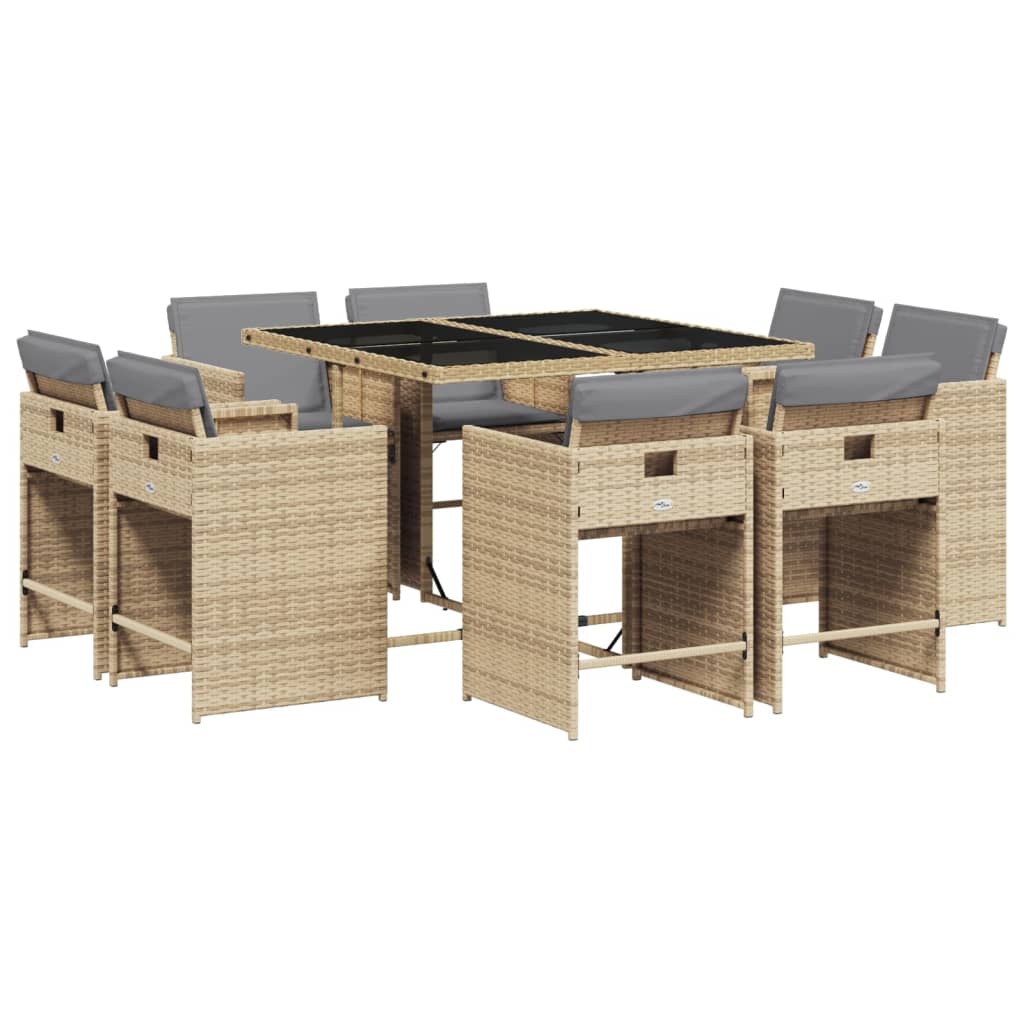 vidaXL Set de masă pentru grădină, 9 piese, cu perne, bej, poliratan