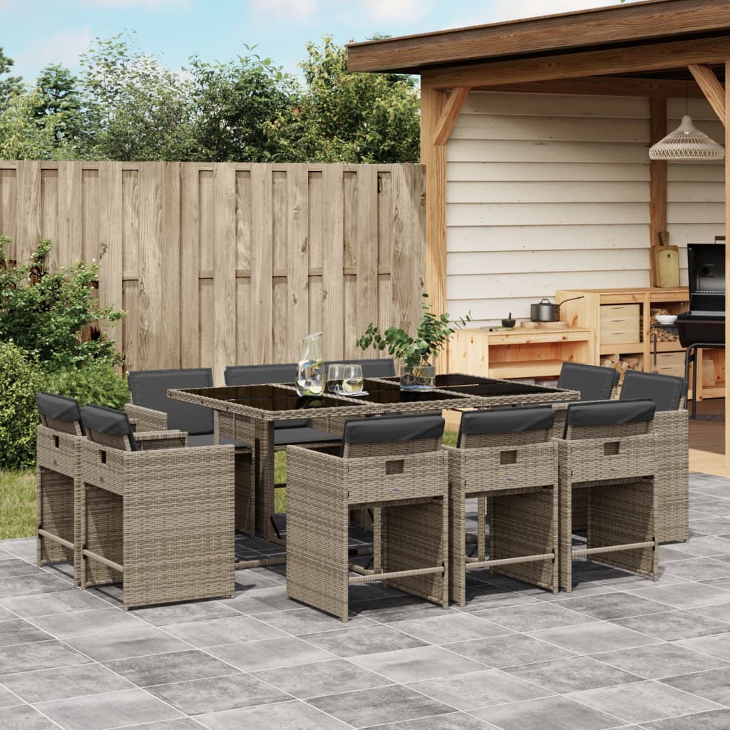 vidaXL 11-tlg. Garten-Essgruppe mit Kissen Grau Poly Rattan