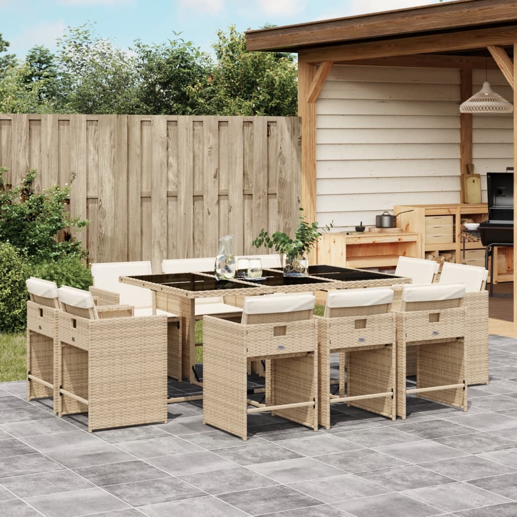 vidaXL 11-tlg. Garten-Essgruppe mit Kissen Beige Poly Rattan