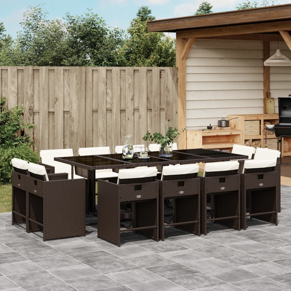 vidaXL 13-tlg. Garten-Essgruppe mit Kissen Braun Poly Rattan