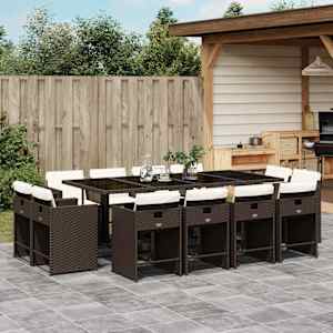 Vrtna jedilna garnitura 13-delna z blazinami rjav poli ratan