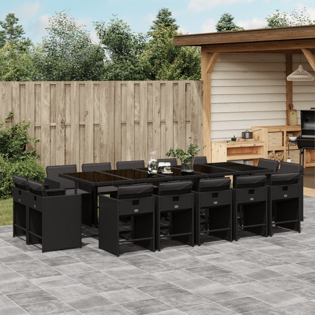 vidaXL 15-tlg. Garten-Essgruppe mit Kissen Schwarz Poly Rattan