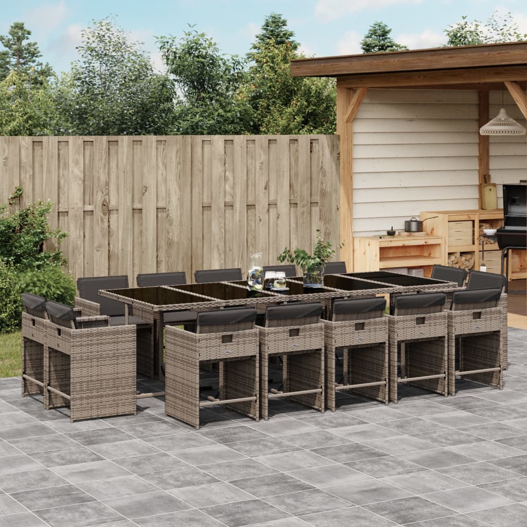 vidaXL 15-tlg. Garten-Essgruppe mit Kissen Grau Poly Rattan